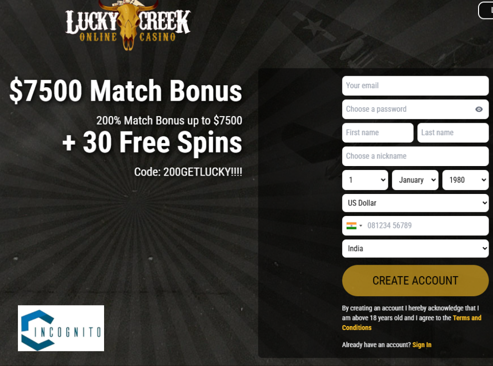 Sign-Up Bonus on Lucky Creek Casino